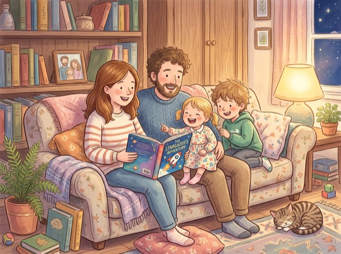 Family reading a storybook together