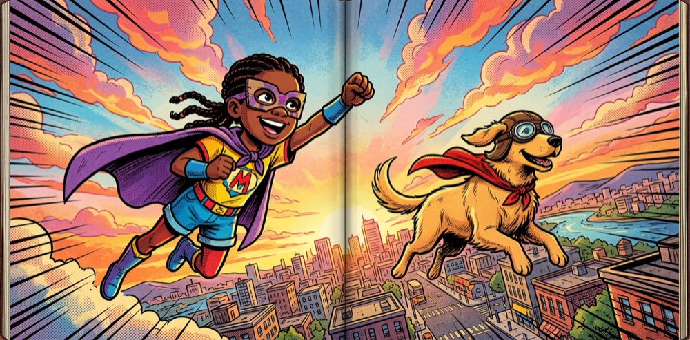 A two-page storybook spread showing a hero character in bold comic book illustration style