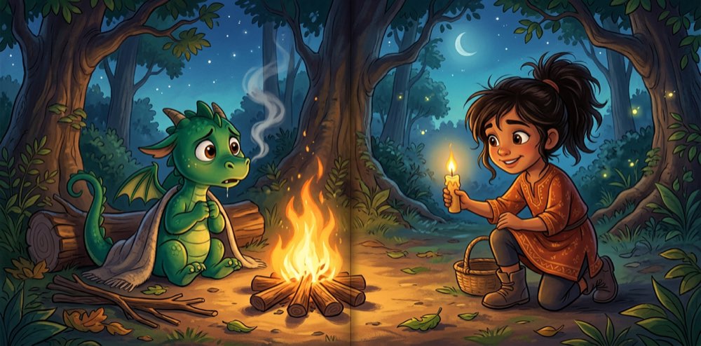 Example storybook spread showing an illustrated dragon scene in Disney art style