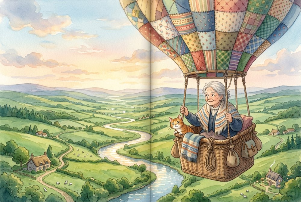 Example storybook spread showing a Ghibli-style grandmother illustration