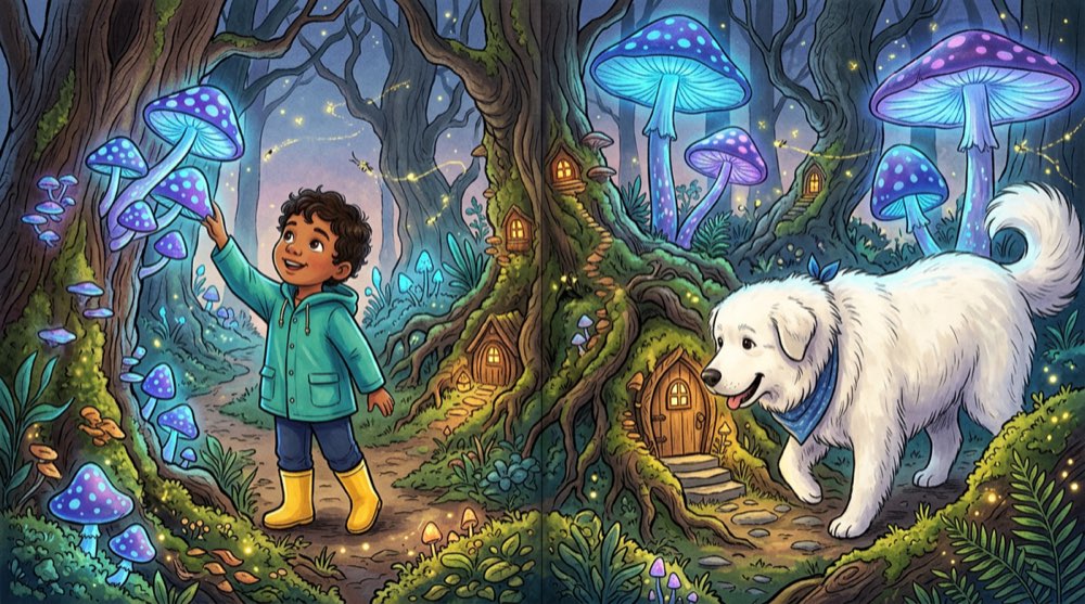 Example storybook spread showing a gouache-style forest scene with text overlay